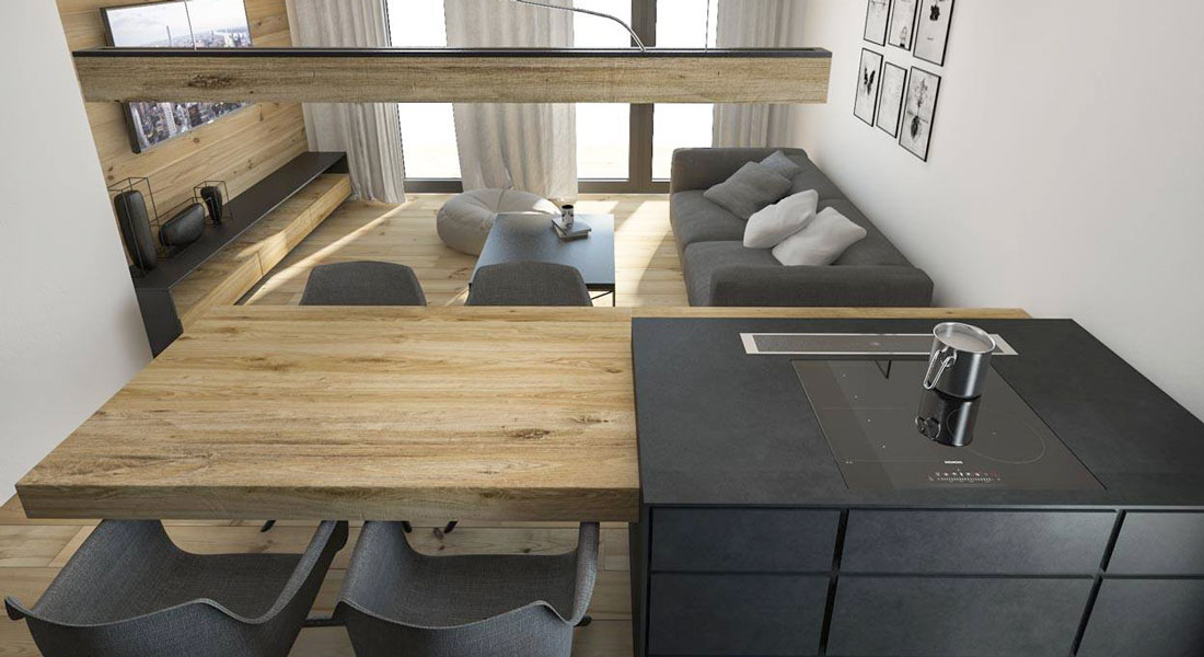 Projekt mieszkania 55m2. Kuchnia z salonem 
